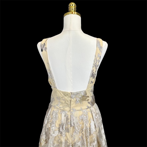 Metallic Floral Lace V-Neck Formal Gown Open Back A-Line Prom Dress Champagne - Picture 8 of 11